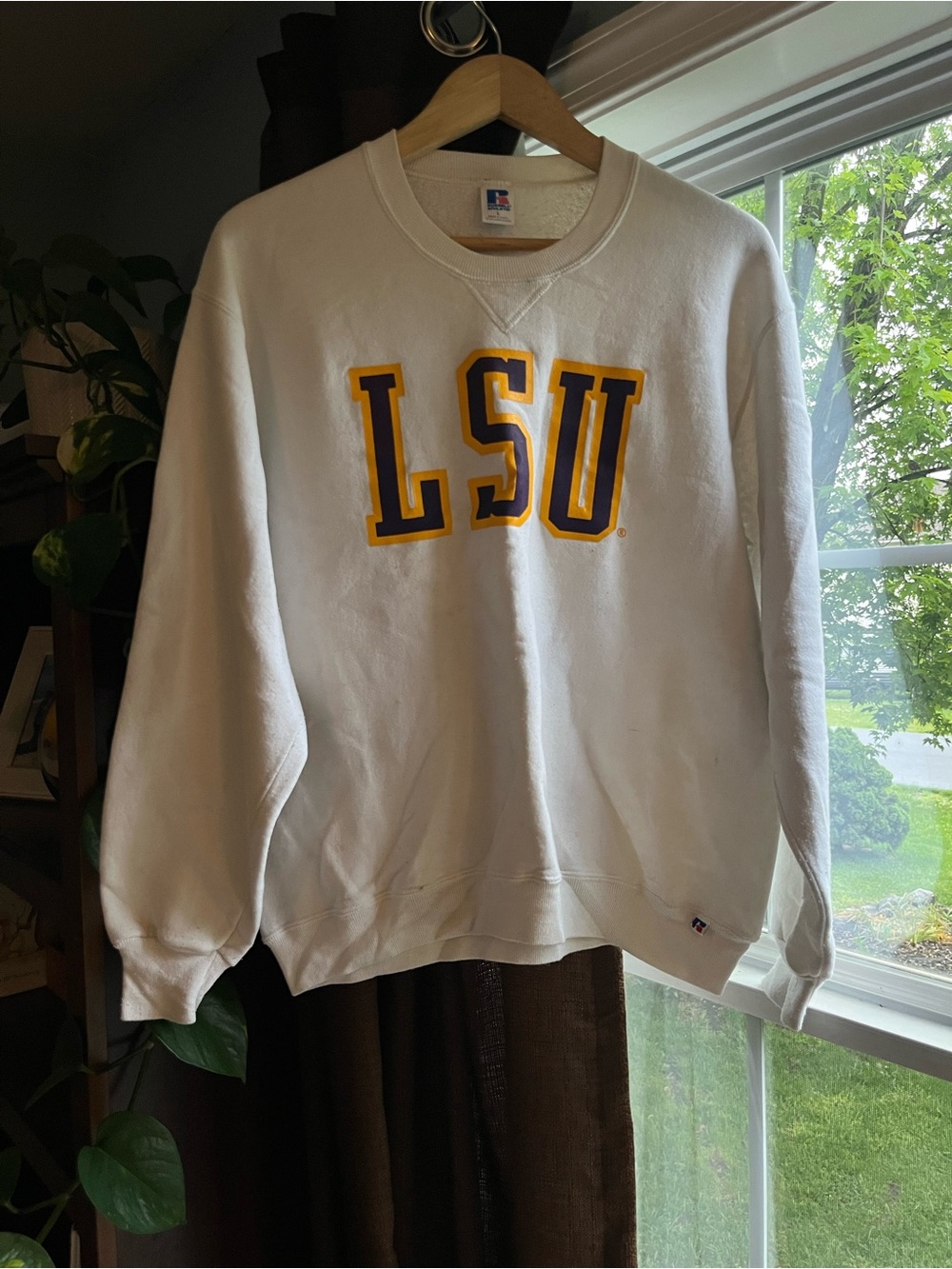 Vintage Russell Athletic White Crewneck with Purple and Gold LSU Logo